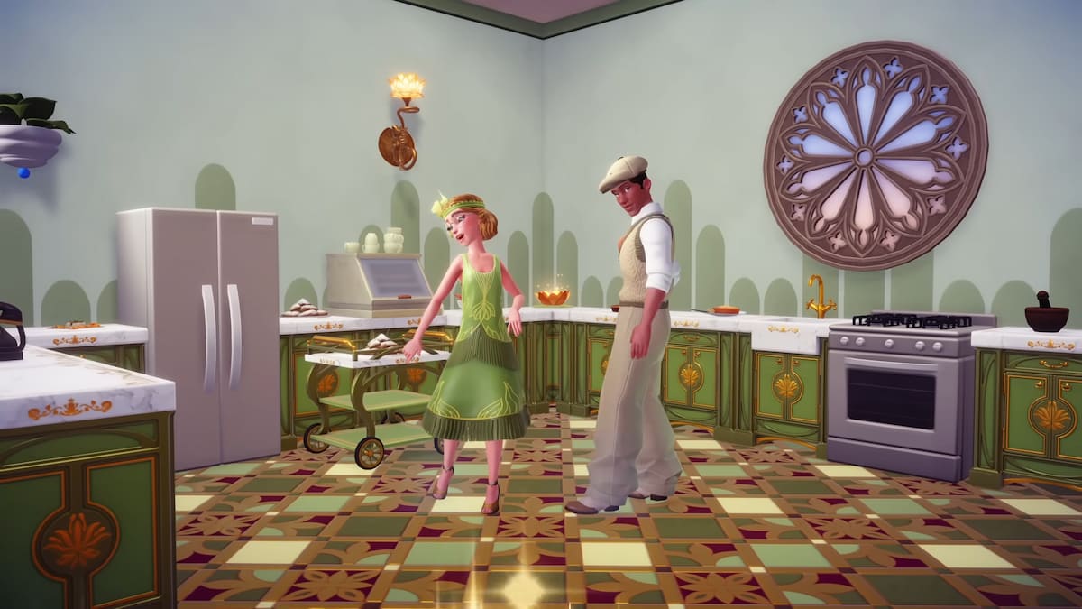 Two players wearing 1920s clothes in Disney Dreamlight Valley.