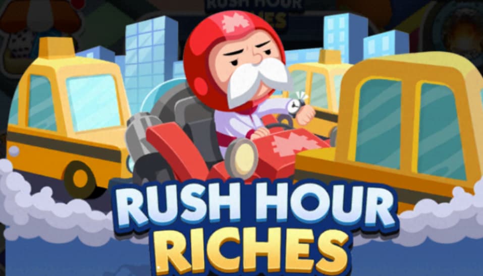 Mr. Monopoly in race car with red helmet stuck in rush hour traffic looking at watch in Monopooly GO