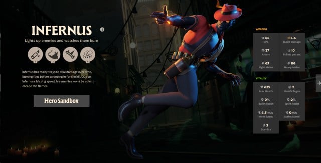 A screenshot of the hero Infernus from Deadlock with stats and abilities displayed.