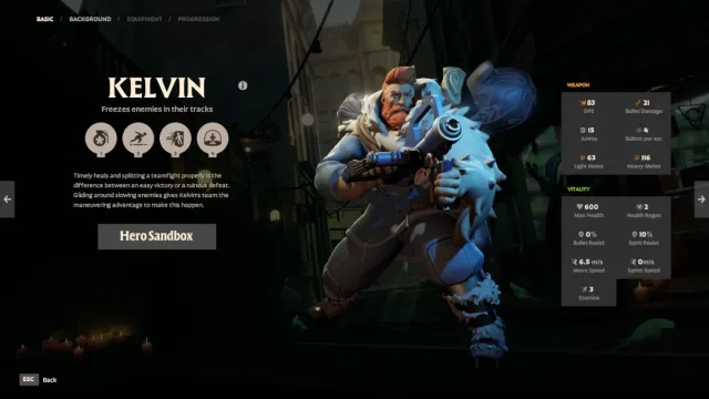 Kelvin in the hero description section of Deadlock