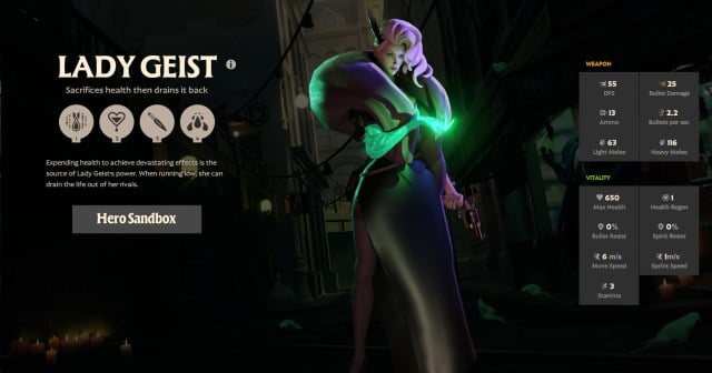 A screenshot of the hero Lady Geist from Deadlock with stats and abilities displayed.