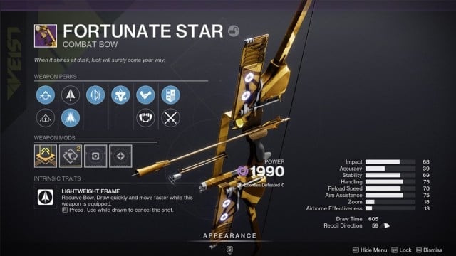 Fortunate Star, a gold bow from Destiny 2's Solstice, on display with a series of perks and stats.