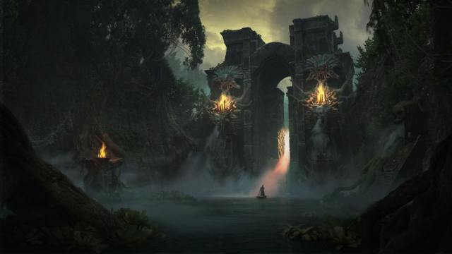 Diablo 4 Vessel of Hatred concept art showing a massive stone gate and forest with a character atop a small boat on a lake in the foreground