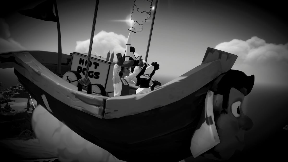 Sailing on a black and white boat with Mickey on the Black and White Island in Disney Dreamlight Valley.