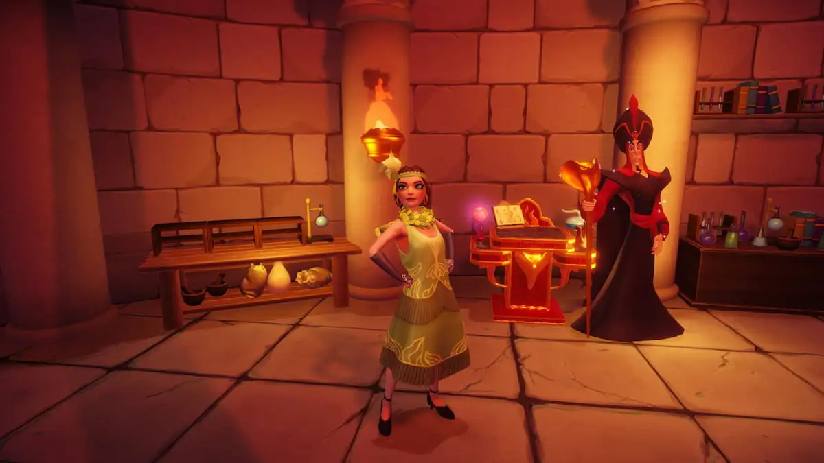 Standing with Jafar in his laboratory in Disney Dreamlight Valley.