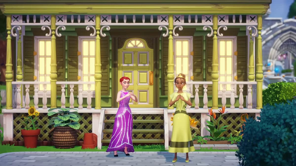 Tiana and the player standing together in front of Tiana's green house.