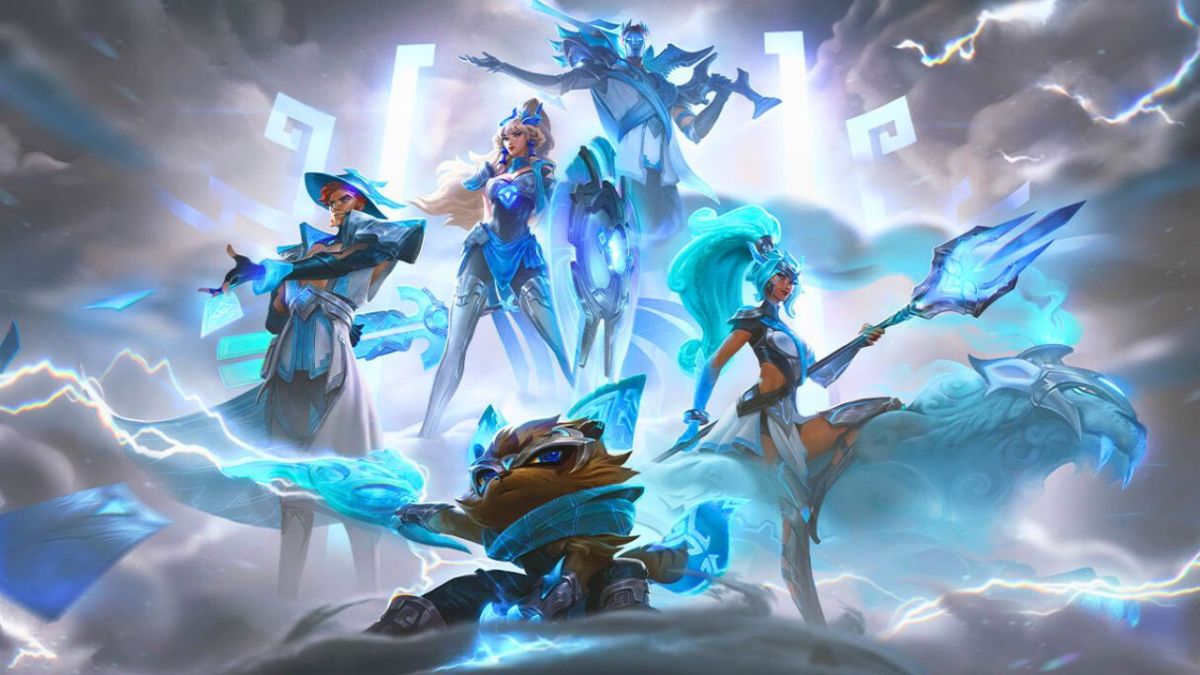 kennen, leona, nidalee, twisted fate, and jhin wearing blue and silver outfits for the DWG Kia 2023 Worlds Skins