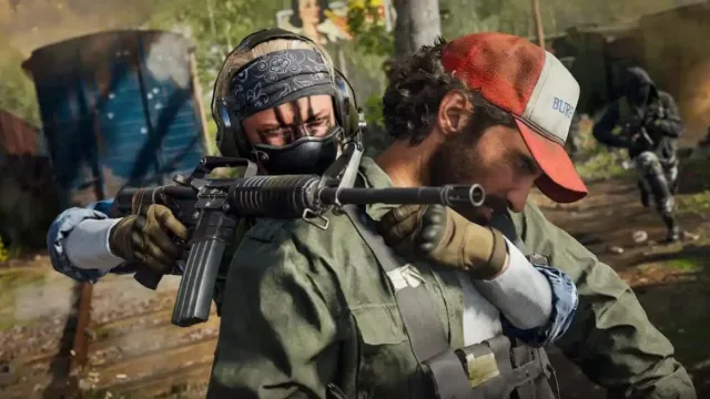 One Black Ops 6 Operator using another Operator as Body Shield using their left hand with their weapon on the right hand