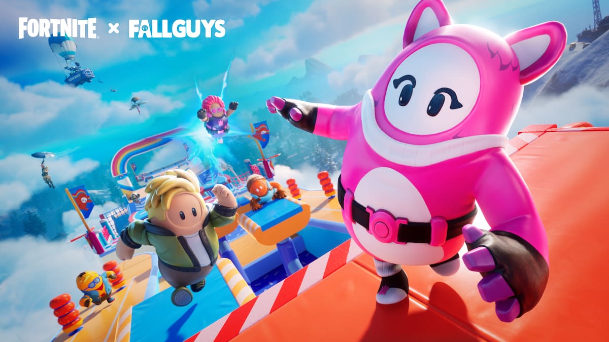 The Fortnite and Fall Guys crossover art featuring some Fortnite characters as Fall Guys beans running across an obstacle course.