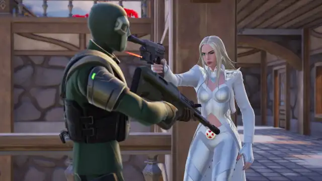 Emma Frost aiming her gun at a Doom henchman in Fortnite.