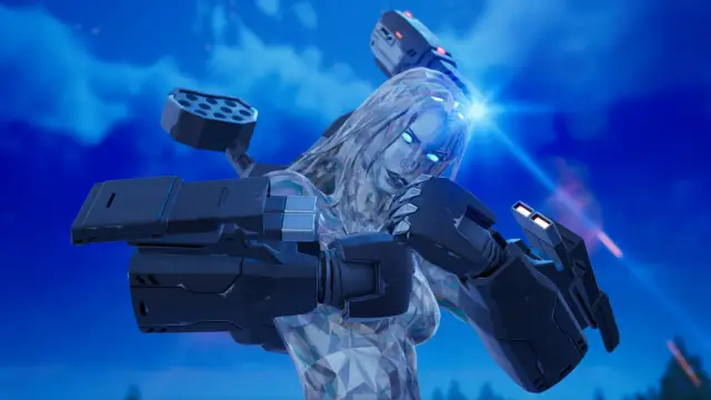 Emma Frost holding her fists up while wearing War Machine's Arsenal in Fortnite.