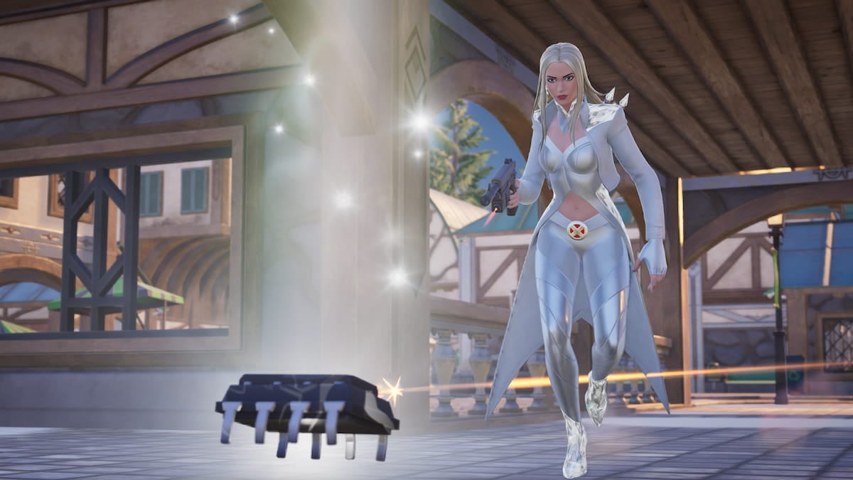 Emma Frost in Fortnite, with a building in the background.