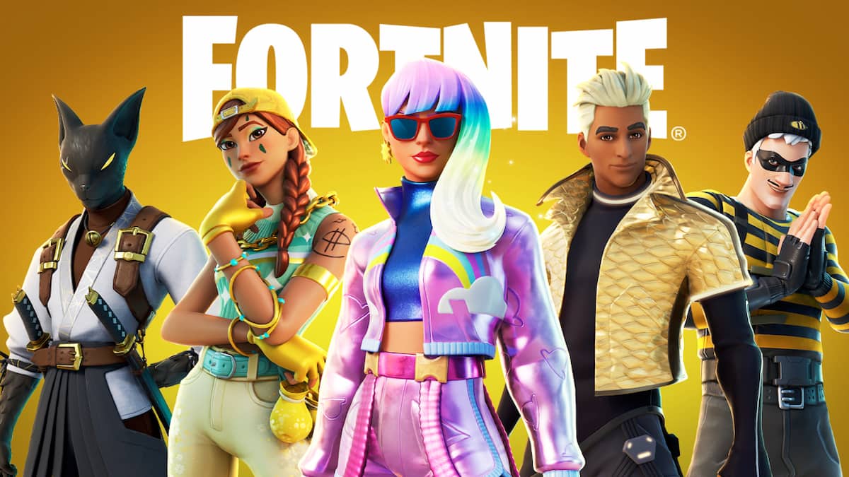 Five characters standing together under the Fortnite logo.