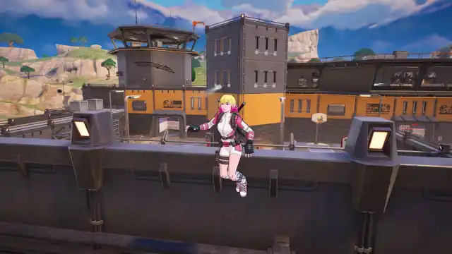 Gwenpool jumping over a wall at The Raft in Fortnite.