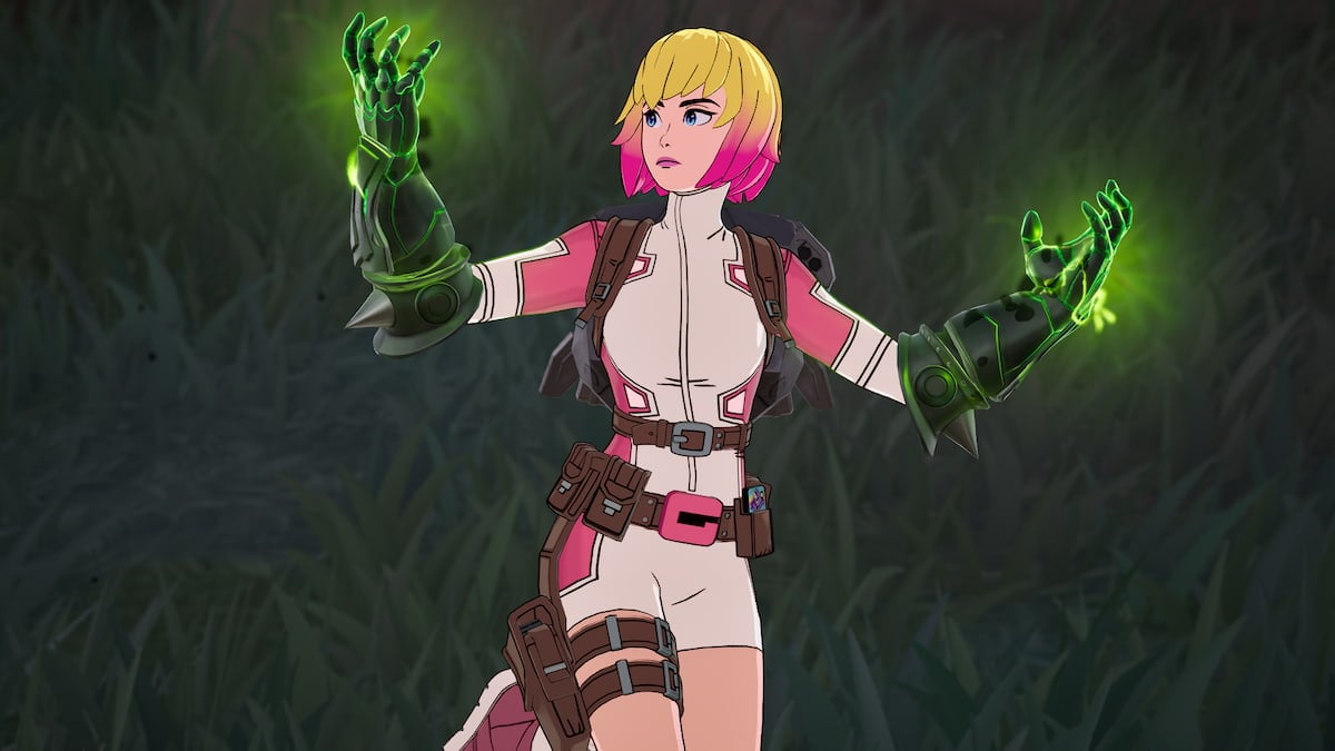 Gwenpool looking at Doctor Doom's Arcane Gauntlets while wearing them in Fortnite.