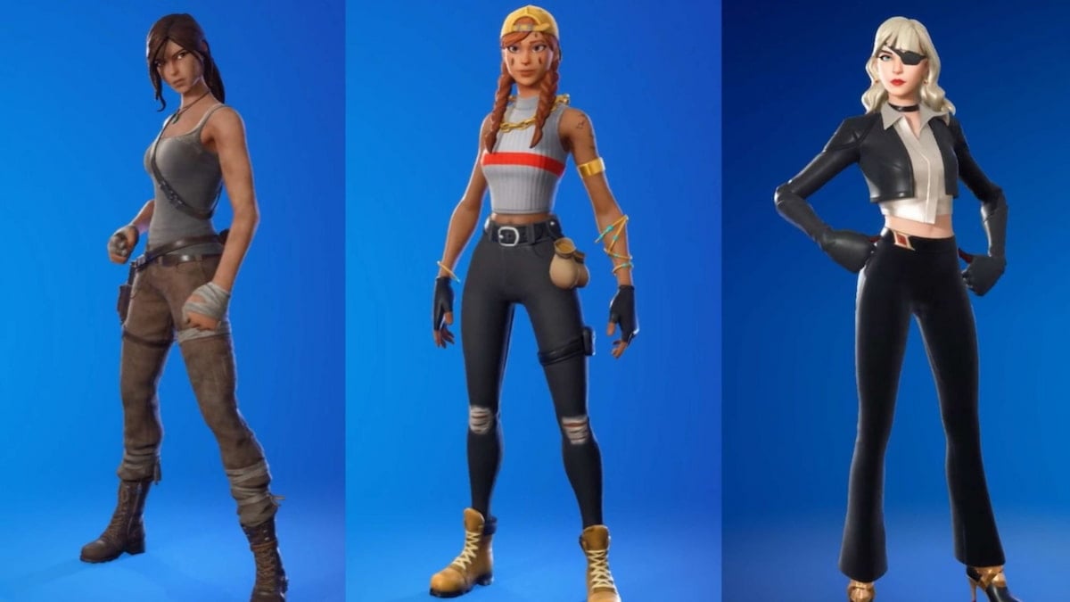 The Lara Croft, Aura, and Siren skins standing in Fortnite.