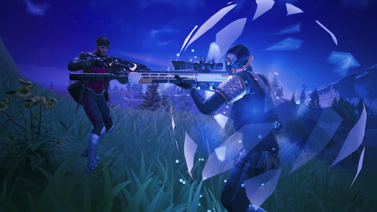 Gambit shooting and damaging an opponent while standing in the storm in Fortnite.