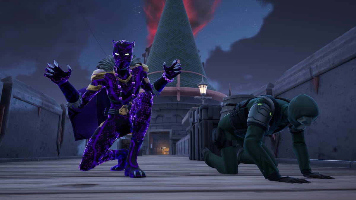 Shuri Black Panther kneeling by a henchman in Fortnite.