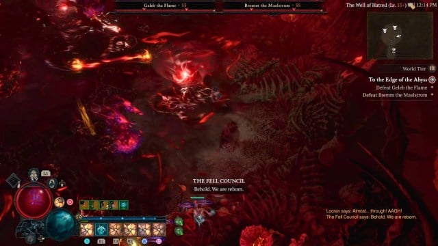 red balls and spots on the ground with two boss monsters in the second phase of the fell council fight in diablo 4