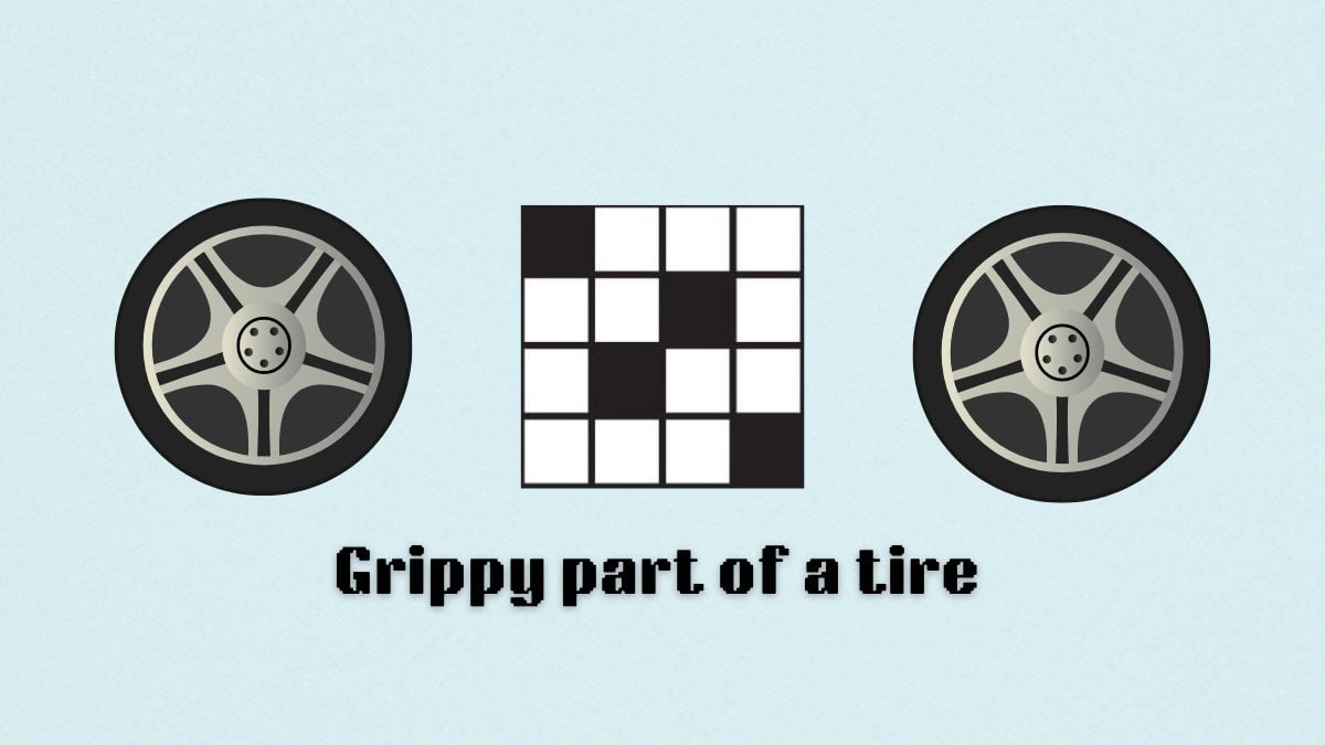 A blank crossword with "grippy part of a tire" written below it and two tire images to either side