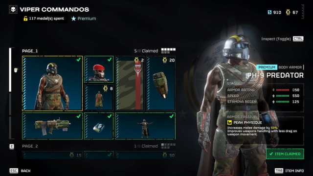 Viper Commandos warbond page in Helldivers 2 displaying PH-9 Predator armor