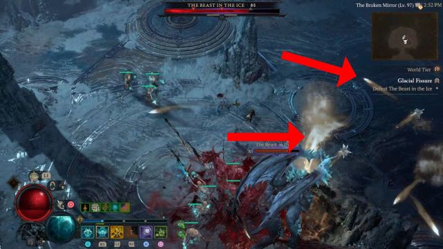 two red arrows pointing to the beast in the ice's frost breath and ice arrows in diablo 4