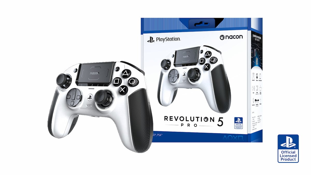 nacon revolution 5 pro controller, a white controller with dark buttons and grips