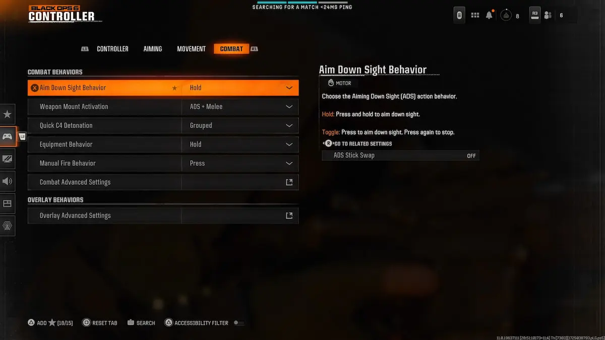 Combat settingsi n BO6 controller settings