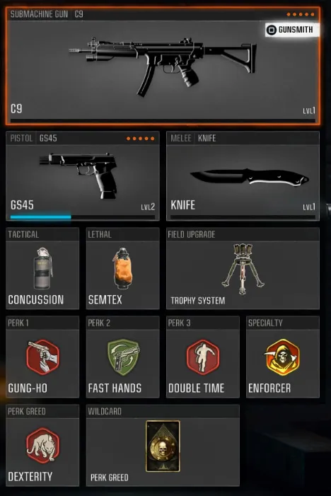 The C9 equipment and perks loadout page in BO6