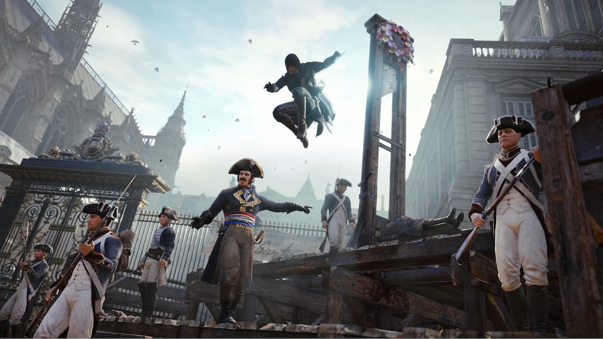 AC Unity main character is about to assassinate a guard from mid air