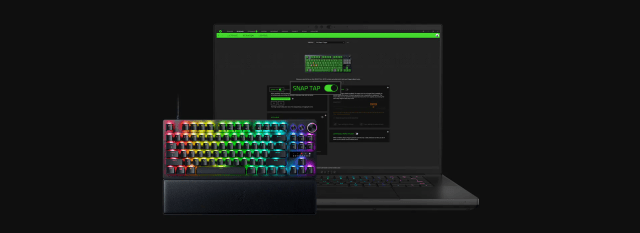 A picture of a Razer keyboard and a screen displaying the Snap Tap enable switch.