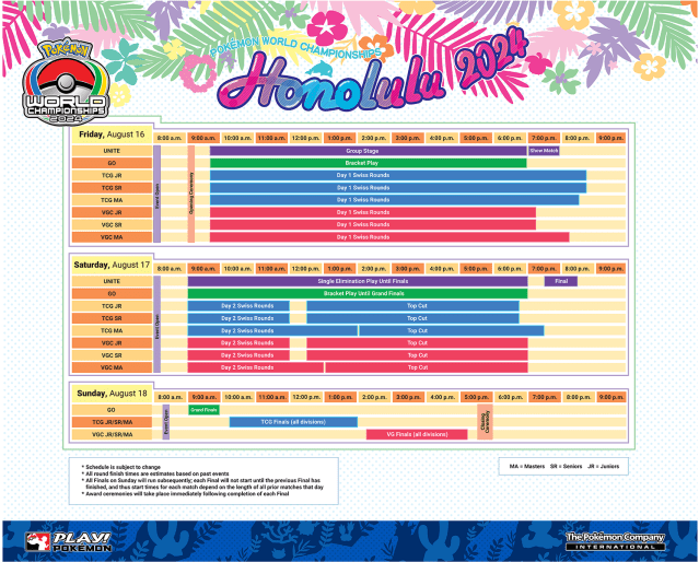 pokemon worlds 2024 full schedule with times in hawaii time, most start from 2pm CT