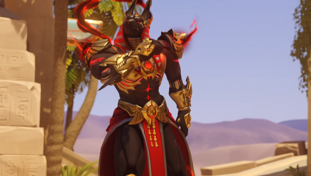 Reaper wearing his Anubis mythic skin and shrugging his shoulders in Overwatch 2.