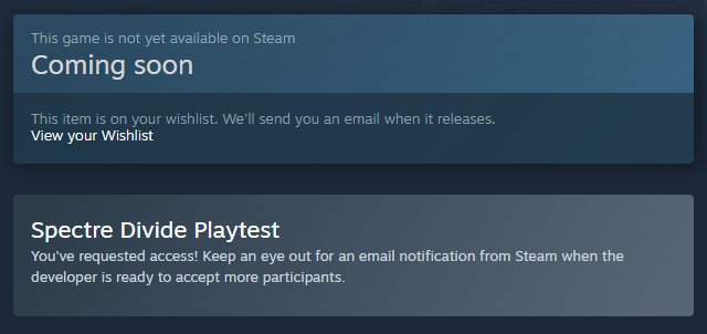 The Steam playtest access notification for Spectre Divide.
