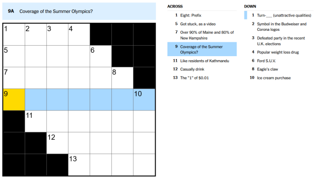 The 9A hint for the Mini Crossword.