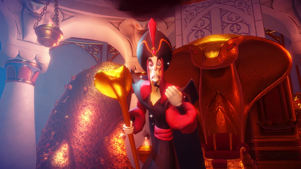 Jafar holding his hand up in a fist angrily in Disney Dreamlight Valley.