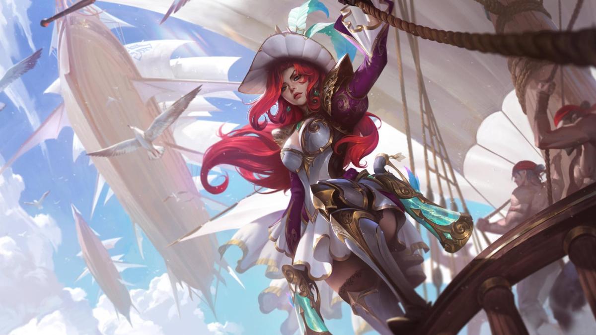 Battle Queen Miss Fortune looks off the side of her ship in League of Legends while holding her huge oversized blunderbusses.