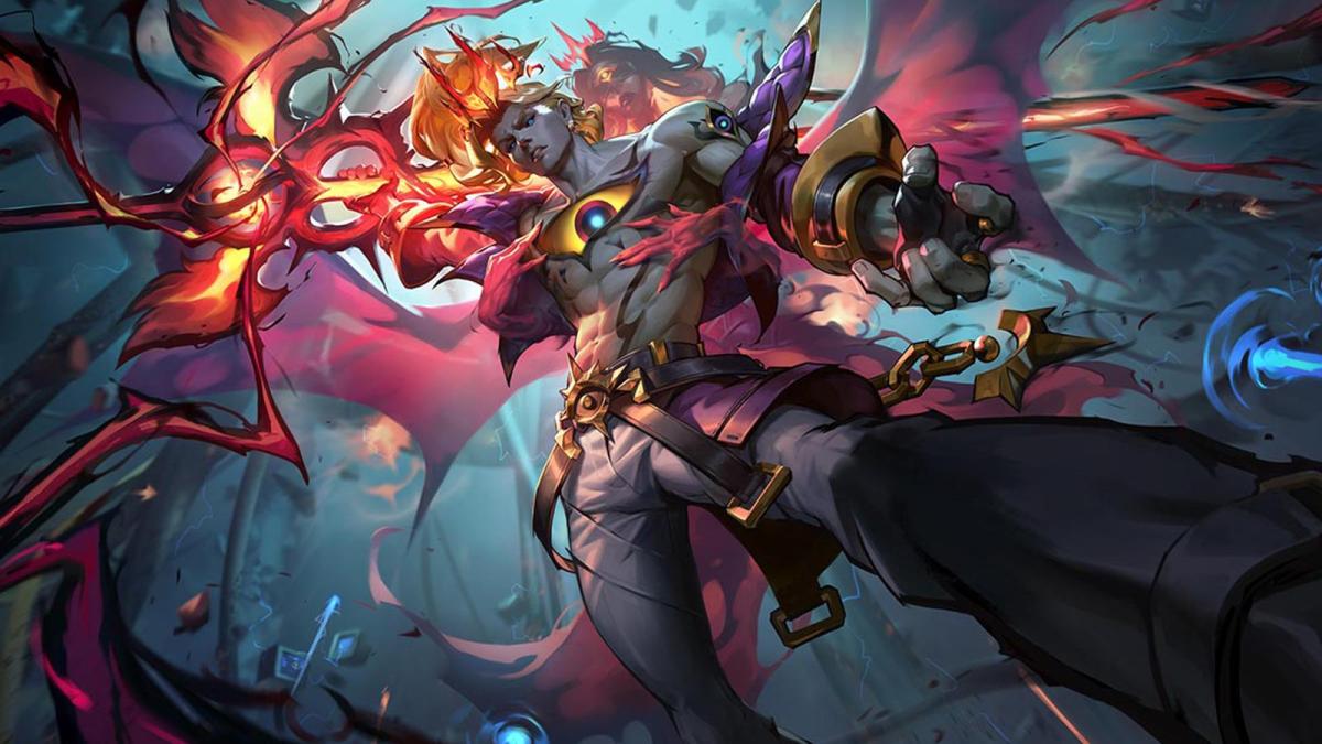 Soul Fighter Viego stands triumphant with his huge orange and red fiery sword resting on his shoulder in League of Legends Arena.