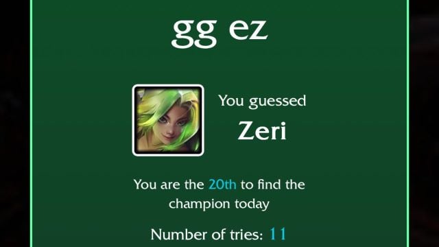 an image of zeri alongside the correctly guessed answer, zeri, for the aug. 13 loldle quote