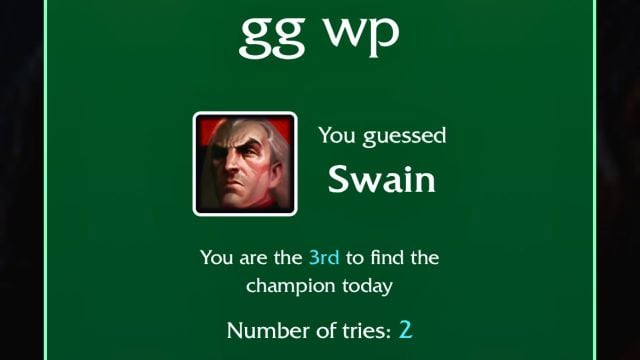 the good game well played message next to a swain icon for the Loldle quote answer on Aug. 9