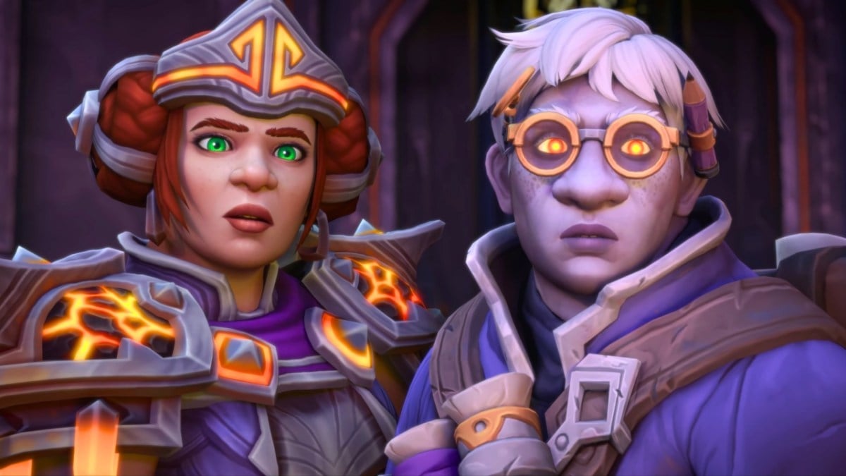 A woman wearing a full suit of armor standing next to a gray man in glasses in wow the war within