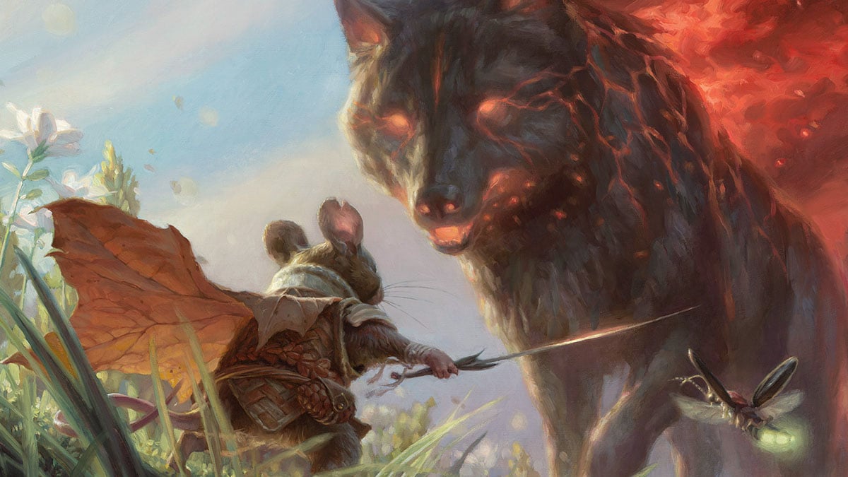 A small mouse with a sword battles a dog on fire in MTG.