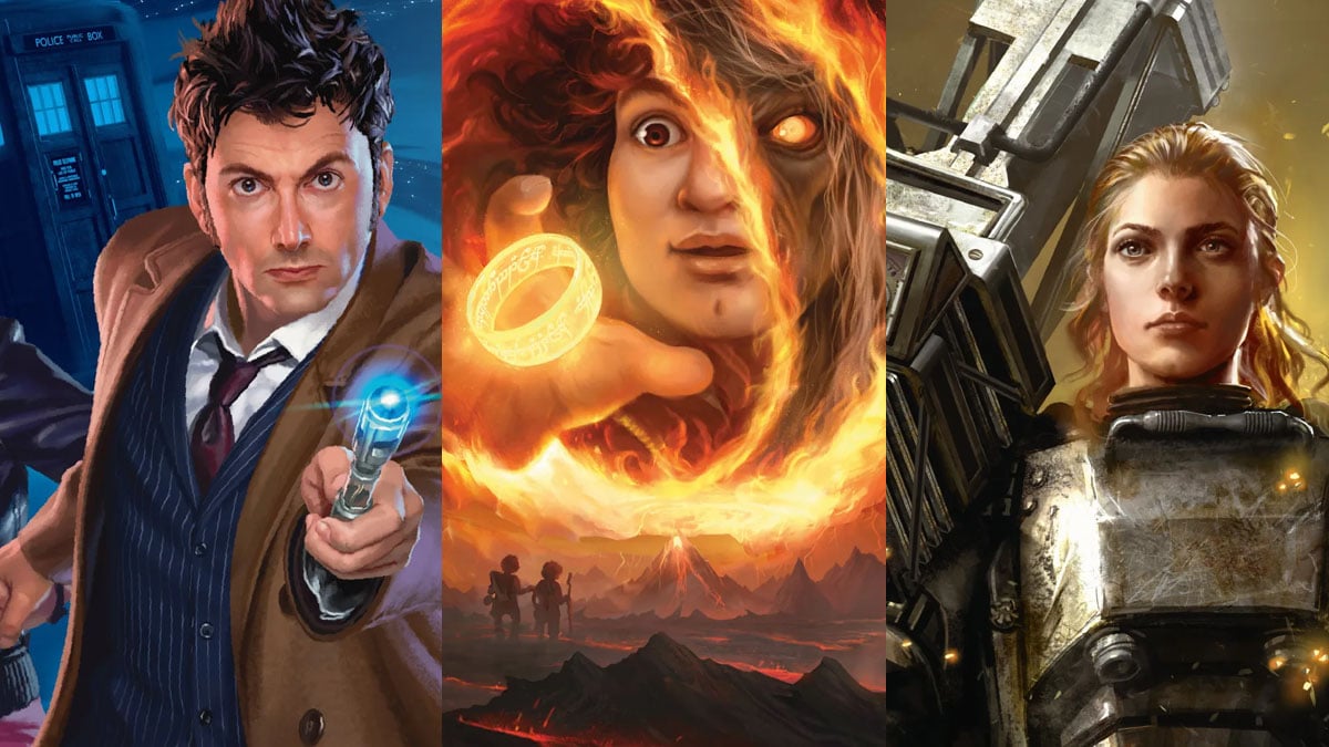 The splash art for Doctor Who (left), Lord of the Rings (middle), and Fallout (right) UB expansions in MTG.