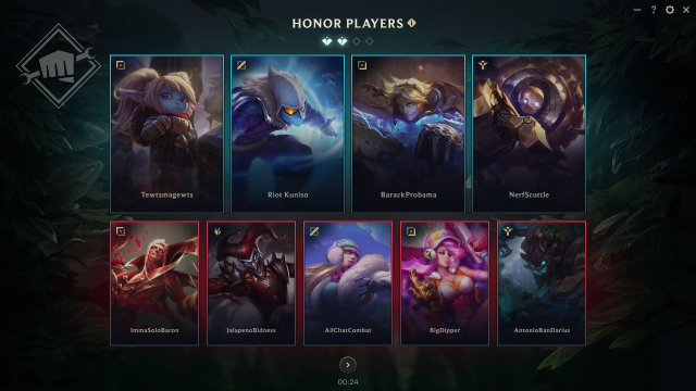 A new-look League of Legends post-game honor screen that shows four teammates available to be "honored" alongside all five enemy players.