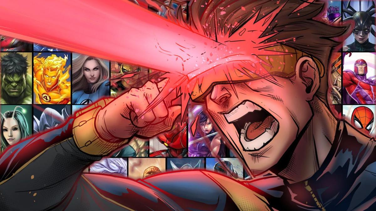 Cyclops from the Marvel comics shoots a laser beam from his eyes in front of a huge tiled version of the Marvel Rivals hero roster.