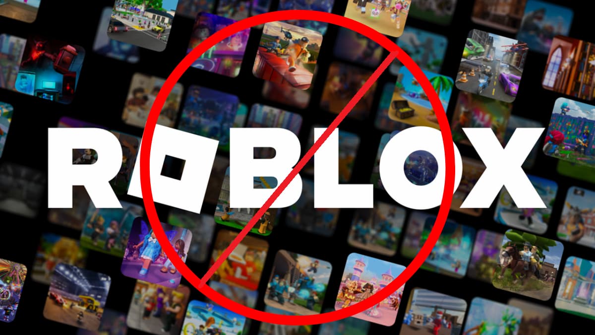 The Roblox logo on top of a bunch of different game icons with a circle and a dash through it.