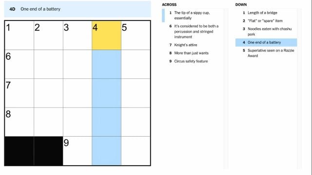 the one end of a battery clue highlighted in blue and yellow on the nyt mini crossword