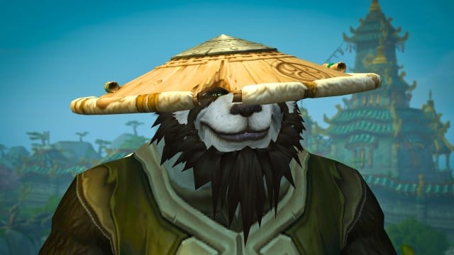 A panda from WoW Mists of Pandaria Remix wearing a large hat