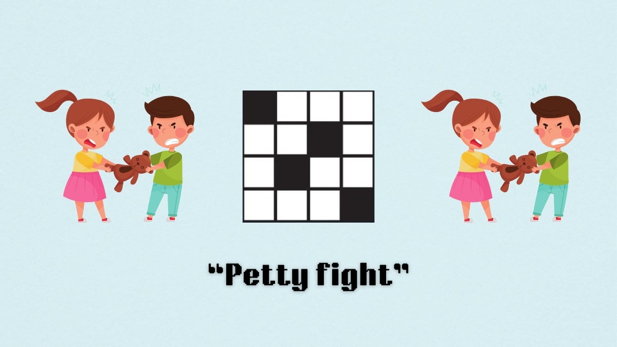 a boy and girl fighting over a doll next to a crossword puzzle with the clue petty fight from the nyt mini crossword puzzle
