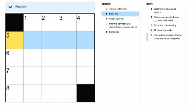 the clue, flora, highlighted in blue and yellow on the mini crossword of August 12